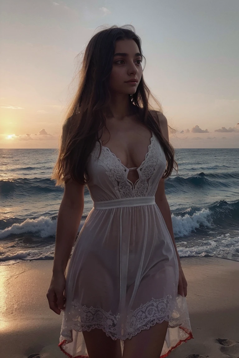 Italian girl, 20 years, innocent, Beautiful, masterpiece, top quality, detailed light, detailed shadows, длинное Dress, смотрит sunset, Sea, sunset, red, Dress 