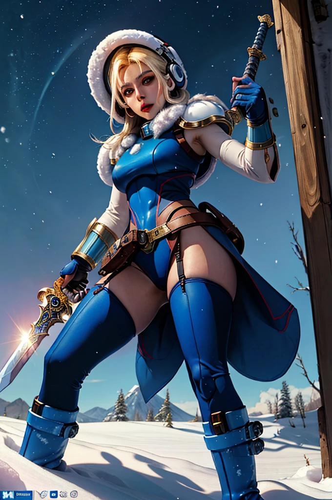 ((best quality)), ((masterpiece)), (detailed), knight , (sci-fi illustration:1.3, longshot pos, mystical sky , bright colors, (detail sci-fi background), (high-resolution:1.2, high res, (winter), mega man art style, female, beautiful face, beautiful lips, sword, stockings, boots,4k)