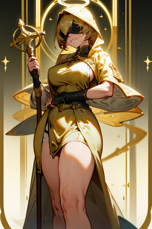 tarot card, 1 girl, Borderland, golden Borderland, gold card, golden tarot card, blindfolded, white blindfolded, father, holding staff, golden halo, thick robes, breasts big, thick-thighs