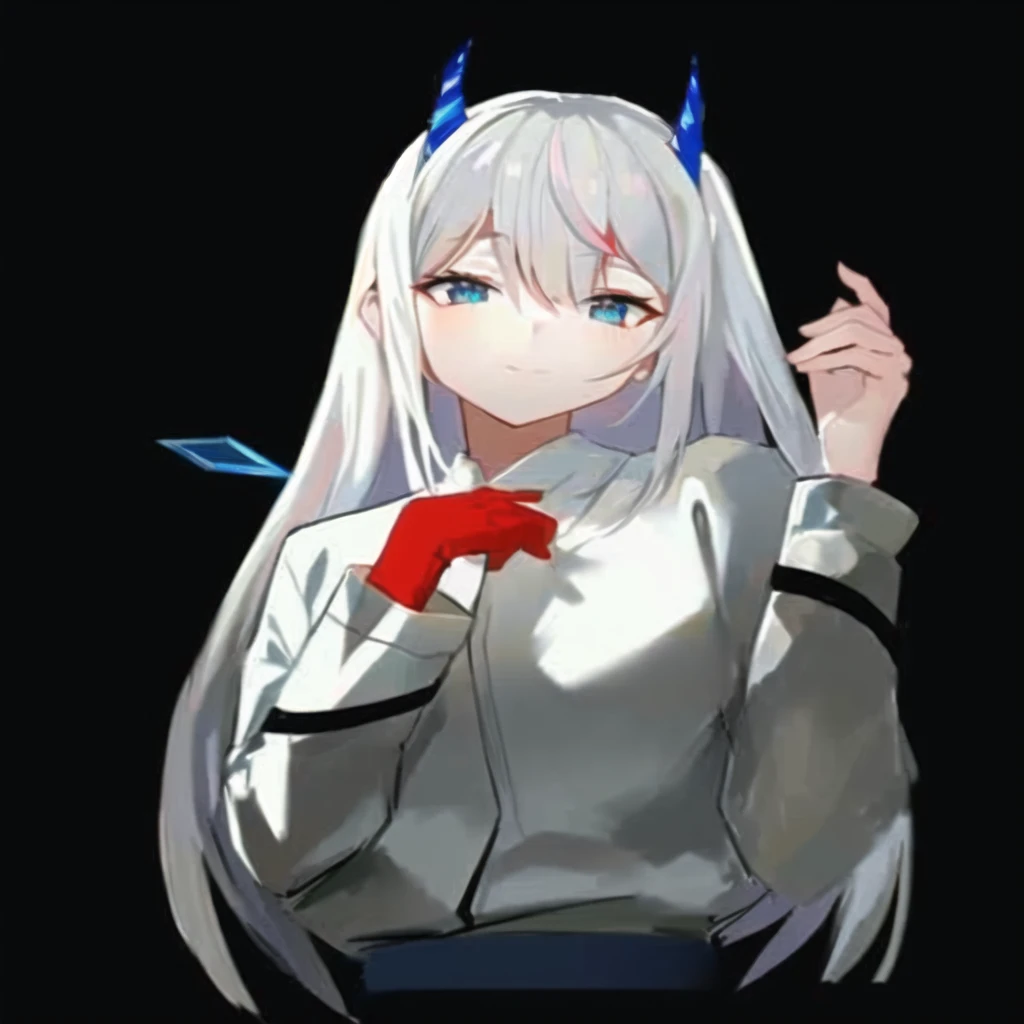 anime girl with horns and horns on her head holding a knife, with index finger, zero two, twintails white_gloves, white haired, girl with white hair, white haired deity, perfect white haired girl, white-haired, kantai collection style, holo, shikamimi, white haired lady, portrait anime space cadet girl, from girls frontline, cherry blossom background