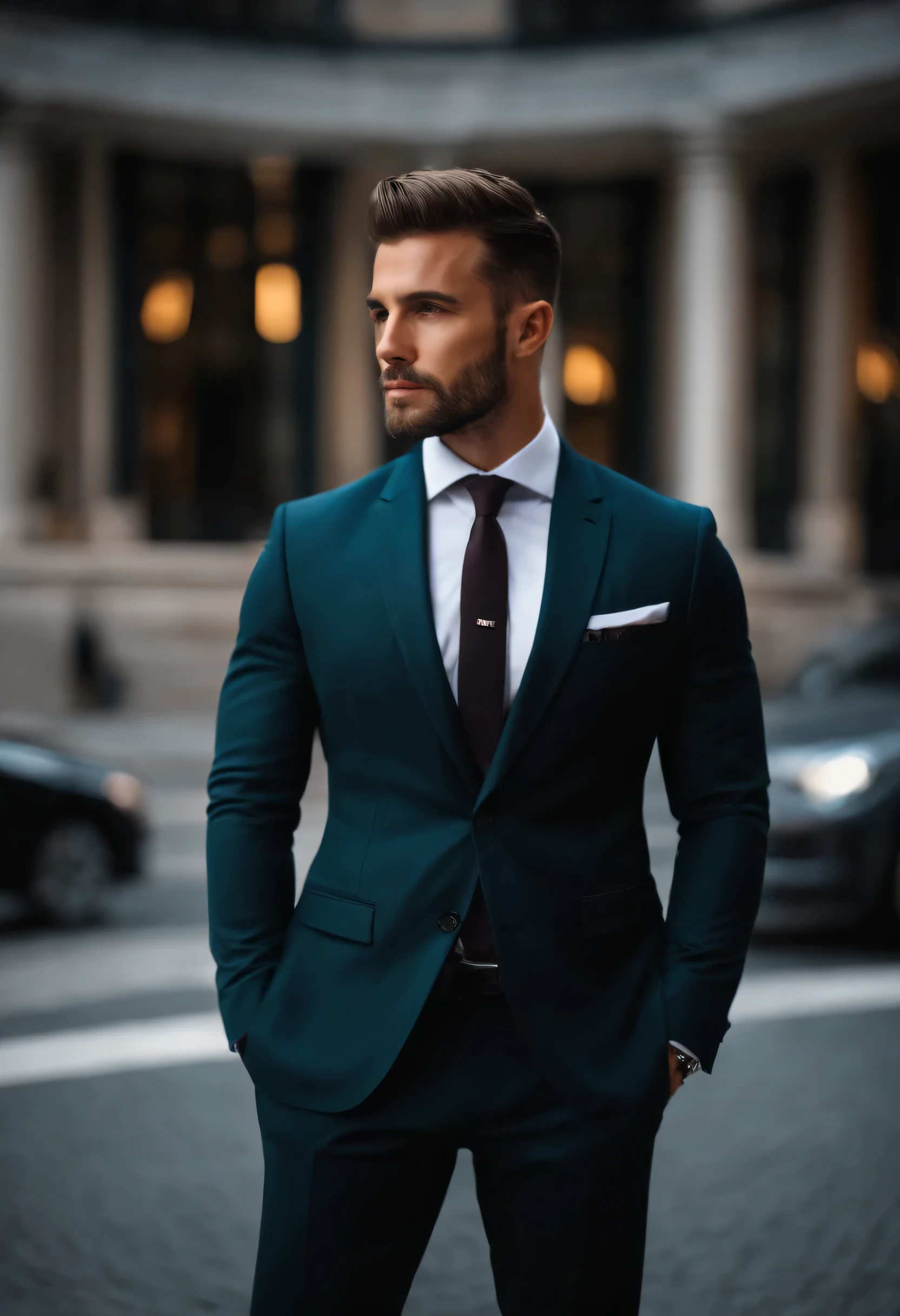 attractive 30 year old man in Hugo Boss suit , Nice beard , executive sexy man, Suit then, Front camera focus, portrait mode, perfectly straight in front of the camera