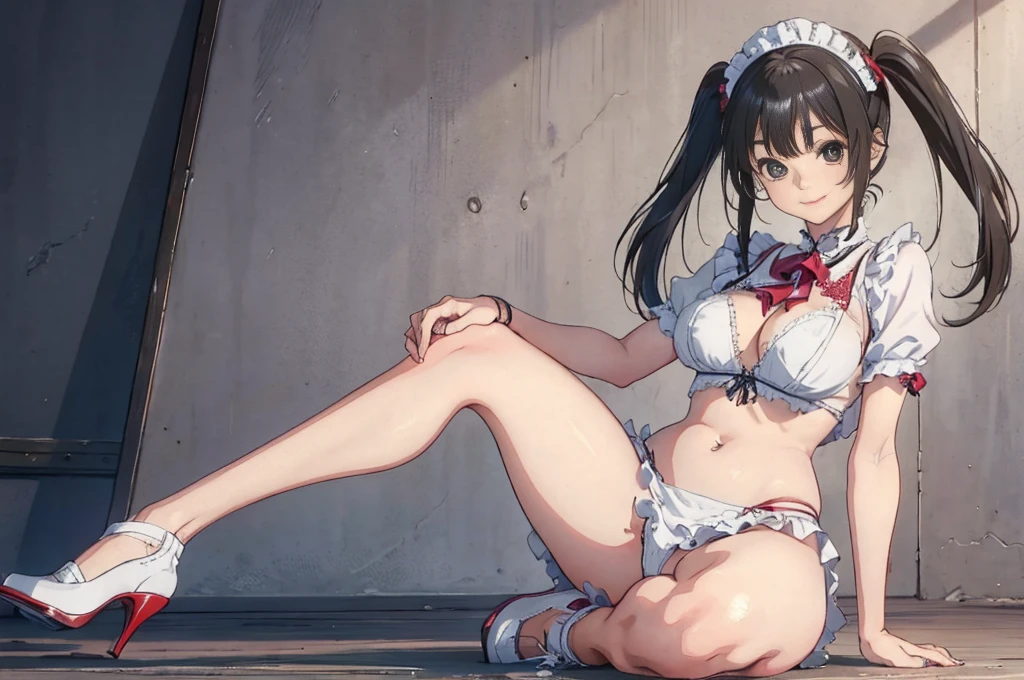 (footjob), Masterpiece、Highest quality、Highest quality, (long and thin legs, shoes:1.2), Arm behind wrist, squat、Spread your legs、1 girl, (smile、Open your mouth大笑い:1.2), Cute eyes, (Detailed face:1.3)、Open your mouth, The whole face turns red, alone, Big and ample breasts, (Straight bangs, Twin tails), White maid outfit、Side bust、Underbust、belly button、Walking through the mansion'corridor、nsfw、shoes下