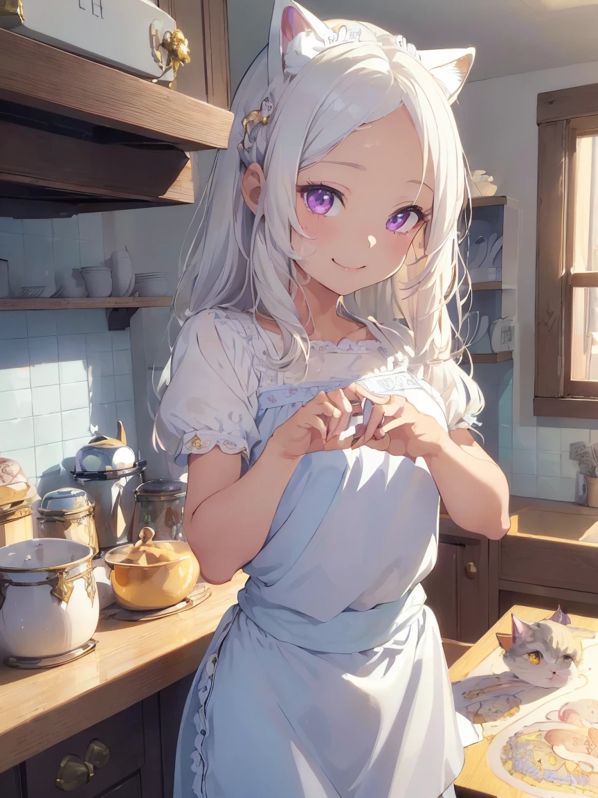 (((masterpiece))), (((Highest quality))), ((Very detailed)), ((Very detailedなイラスト)), ((Ultra-fine painting)), (16K Highest quality wallpaper:1.4), (Detailed and elaborate illustration style,:1.8) Detailed skin texture, High quality fabric, , (T-masterpiece), (Very detailedな顔:1.4), original, RAW Photos, Professional, Intricate details, Very detailed, Direct sunlight:1.6, ,(Cowboy Shot:1.9)、(Perfect Anatomy:1.4), (Extremely elaborate hands:1.2), (Very elaborate fingers:1.2), (Very elaborate fingers先:1.2),, (alone:1.6), (beautiful and adorable cat ears:1.6), (Intricate and delicate cat ears:1.4), (beautiful, Shiny white hair:1.6), (Very fine and delicate white hair:1.4),, (Very detailedな顔:1.4),(Light purple eyes:1.4),(smile:1.4),Highest quality、Tabletop、8K、Pastel Tones、Blonde、length(Forehead out:1.2)、Very length hair、Backward view、Light blue camisole dresini skirt、Background((kitchen:1.４)、Rotated、Dynamic Styles、smile、Ready-to-eat dishes、 the middle of a meal