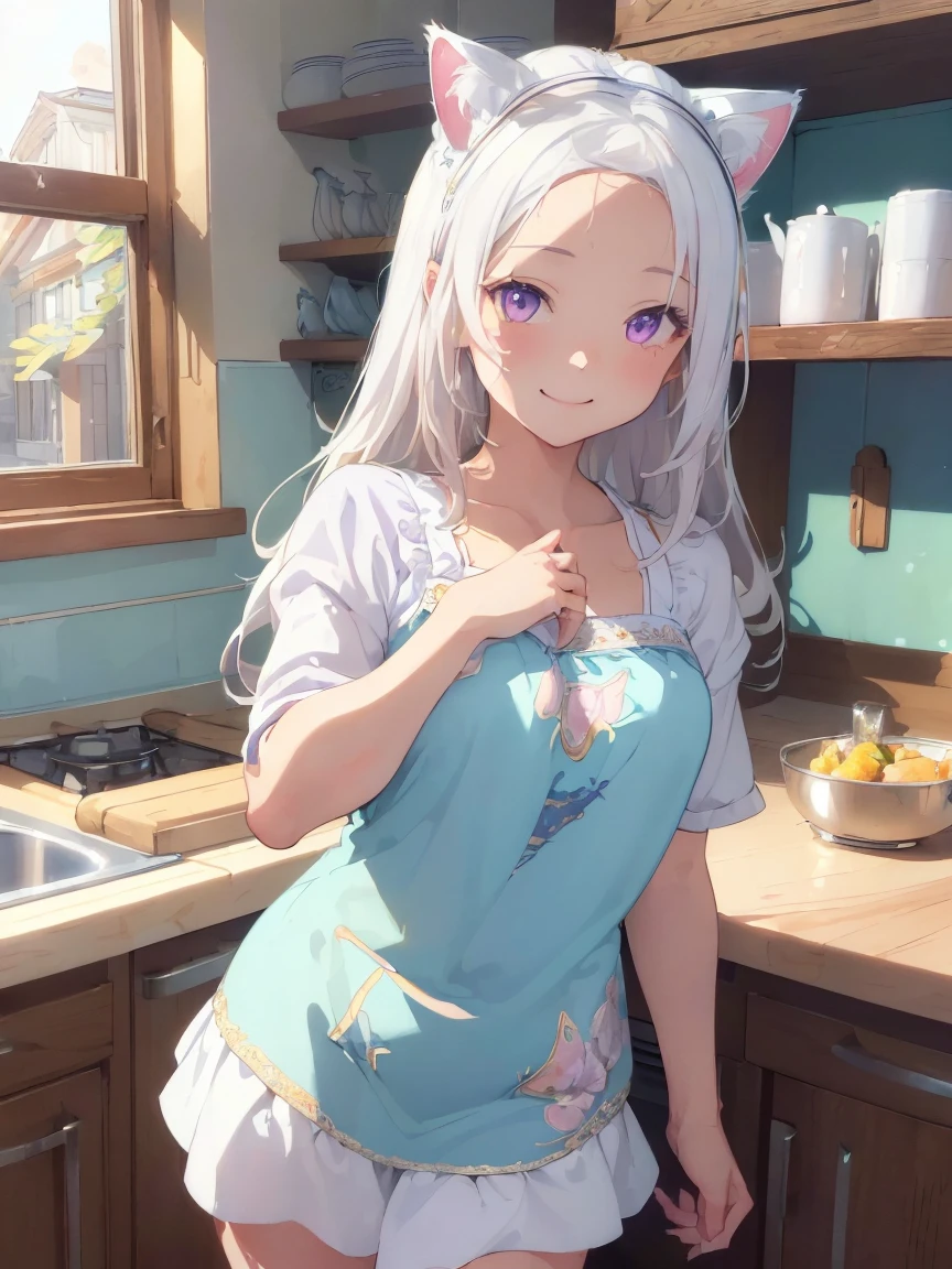 (((masterpiece))), (((Highest quality))), ((Very detailed)), ((Very detailedなイラスト)), ((Ultra-fine painting)), (16K Highest quality wallpaper:1.4), (Detailed and elaborate illustration style,:1.8) Detailed skin texture, High quality fabric, , (T-masterpiece), (Very detailedな顔:1.4), original, RAW Photos, Professional, Intricate details, Very detailed, Direct sunlight:1.6, ,(Cowboy Shot:1.9)、(Perfect Anatomy:1.4), (Extremely elaborate hands:1.2), (Very elaborate fingers:1.2), (Very elaborate fingers先:1.2),, (alone:1.6), (beautiful and adorable cat ears:1.6), (Intricate and delicate cat ears:1.4), (beautiful, Shiny white hair:1.6), (Very fine and delicate white hair:1.4),, (Very detailedな顔:1.4),(Light purple eyes:1.4),(smile:1.4),Highest quality、Tabletop、8K、Pastel Tones、Blonde、length(Forehead out:1.2)、Very length hair、Backward view、Light blue camisole dresini skirt、Background((kitchen:1.４)、Rotated、Dynamic Styles、smile、Ready-to-eat dishes、 the middle of a meal