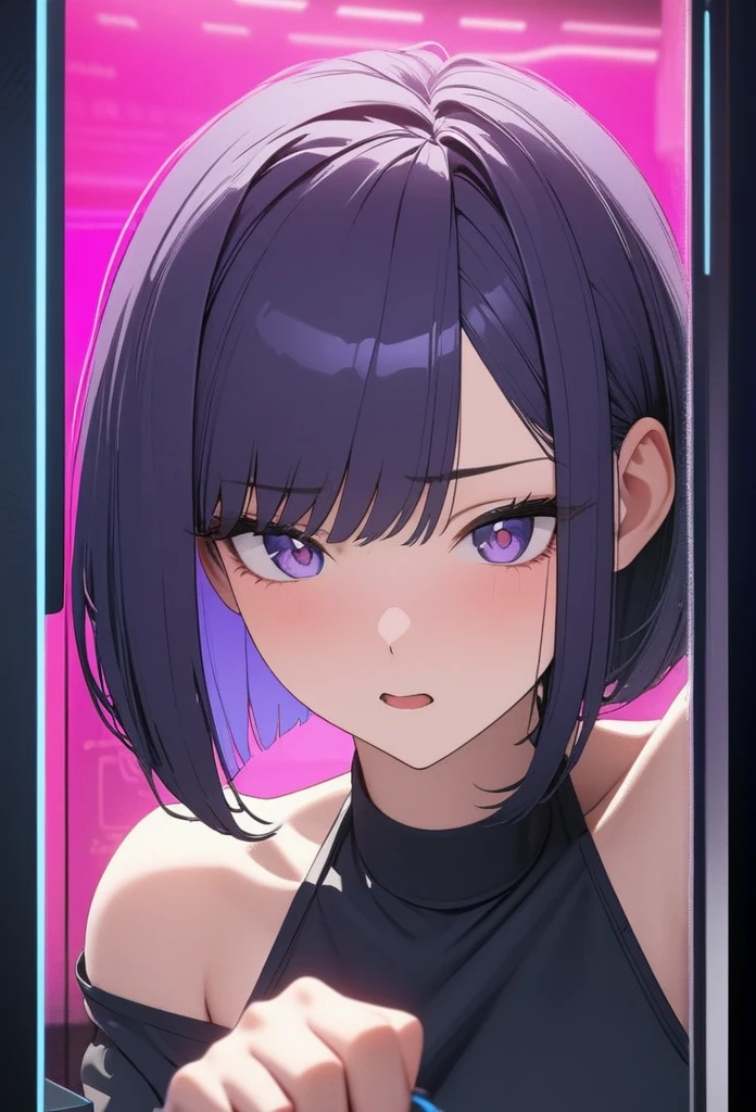 Adult Female, Black purple hair, slanted bob haircut, apathetic, perfect purple eyes, expressive eyes, cyberpunk bar, highly detailed, high quality, perfect quality, 8k, cleaning a glass