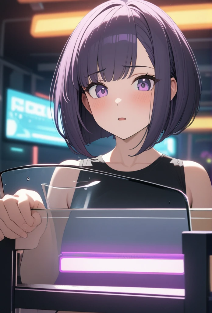 Adult Female, Black purple hair, slanted bob haircut, apathetic, perfect purple eyes, expressive eyes, cyberpunk bar, highly detailed, high quality, perfect quality, 8k, cleaning a glass