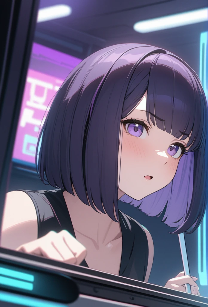 Adult Female, Black purple hair, slanted bob haircut, apathetic, perfect purple eyes, expressive eyes, cyberpunk bar, highly detailed, high quality, perfect quality, 8k, cleaning a glass