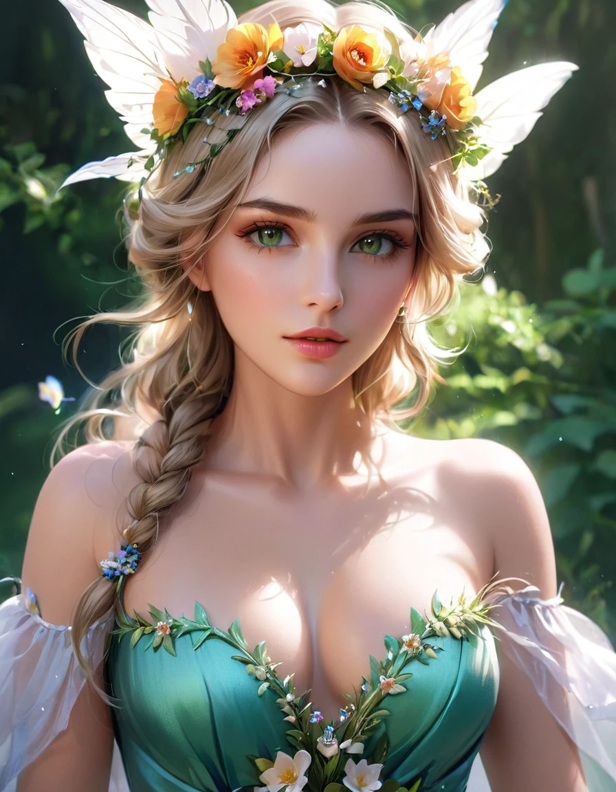 A woman in a green dress with a flower crown on her head, beautiful Fantasy Portrait, Digital fantasy art ), beautiful fantasy art portraits, Fantasy art style, Beautiful digital art, Fantasy Portrait, In the style of Urop, deviantart artstation cgscosiety, fantasy art portraits, Beautiful fantasy art, Beautiful fantasy maiden, Realistic Digital Art 4K, Realistic Digital Art 4K