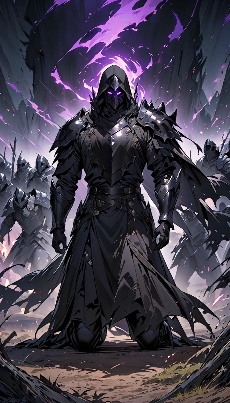 male black shadow ghost knight in a battlefield, shadow, black, knight, ghost knight, full body view, facing front, shadow knight, glowing purple eyes, black smoke, dark, masterpiece, masterpiece lighting, many knights kneeling