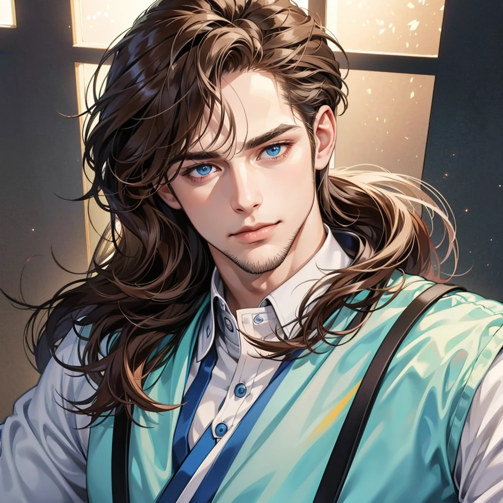 (best quality,4k,8k,highres,masterpiece:1.2),ultra-detailed,(realistic,photorealistic,photo-realistic:1.37), 34 year old man,3 day beard,handsome anime,portraits,strong,masculine,brown hair,sharp jawline,mesmerizing blue eyes,perfectly styled brown hair,cool anime outfit,confident expression smile in love,vibrant colors,dynamic lighting