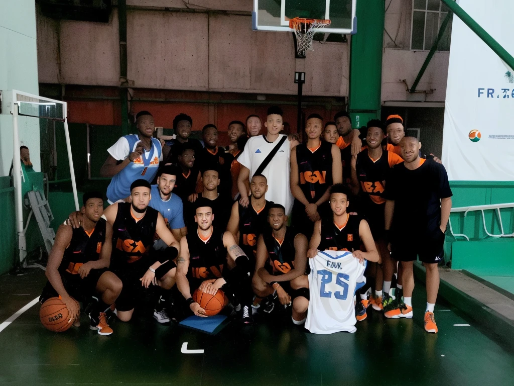 there are many men posing for a photo with a basketball, match winner, group shot, full team, album photo, competition winner, cover photo, retro 9 0s, profile pic, full face photo, faithful faces, be written on the UFRJ shirts in orange.