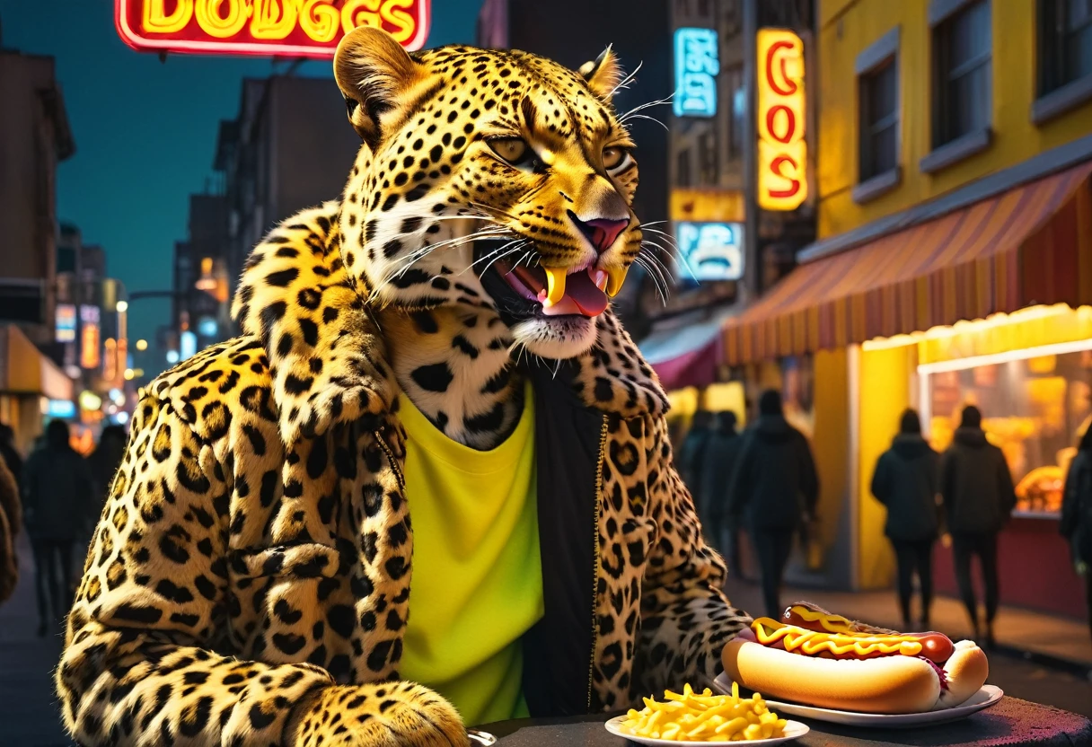 Realistic leopard beastman, eating hot dog, urban setting, detailed fur pattern, golden yellow and black spots, humanoid, casual clothing, bustling street, neon lights, night time, photorealistic, high detail, modern cityscape, vibrant colors.