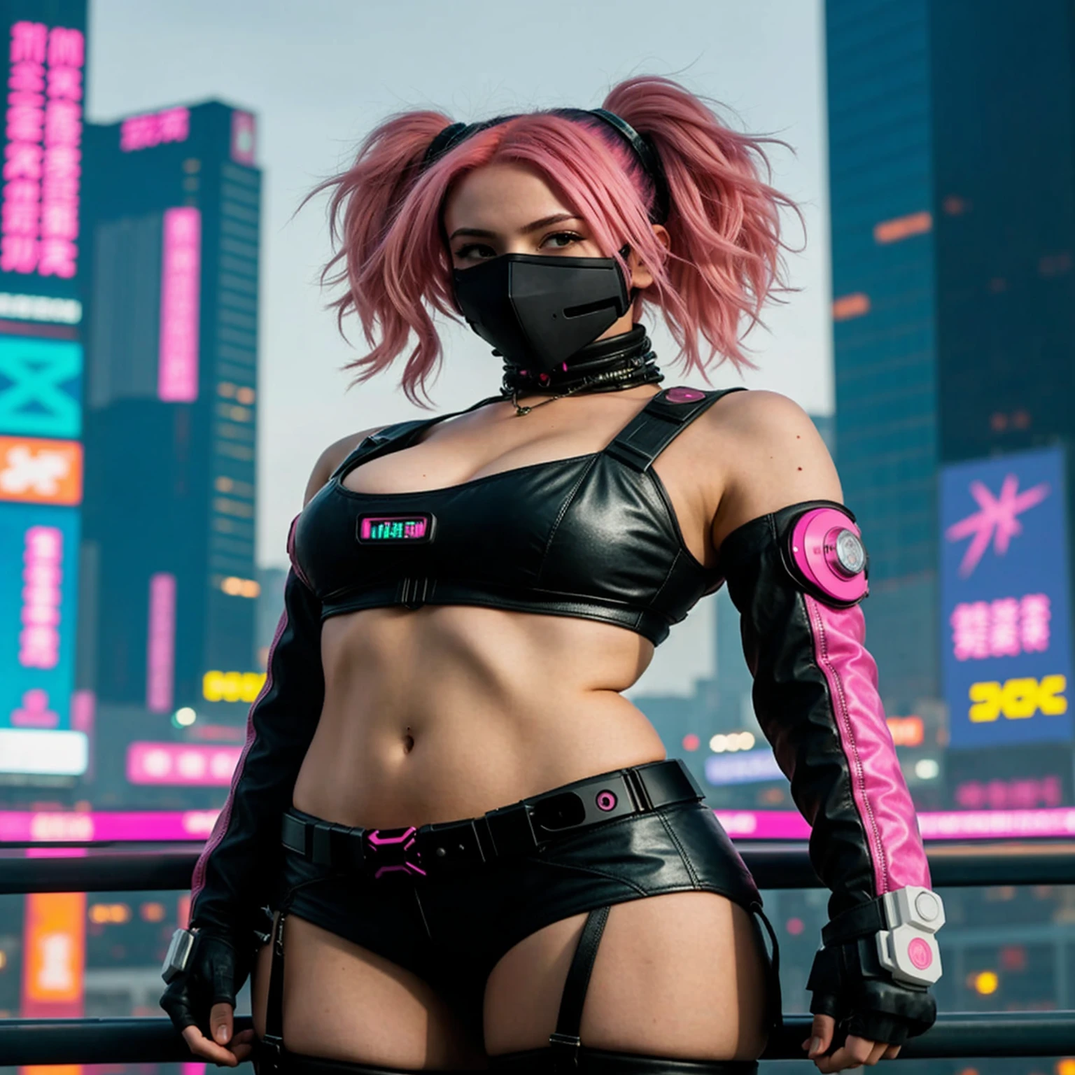cyberpunk 2d anime girl with pink hair and a hightech mask with sci fi tokyo in the background. image should be 3000 x 3000 pixel album cover format more background