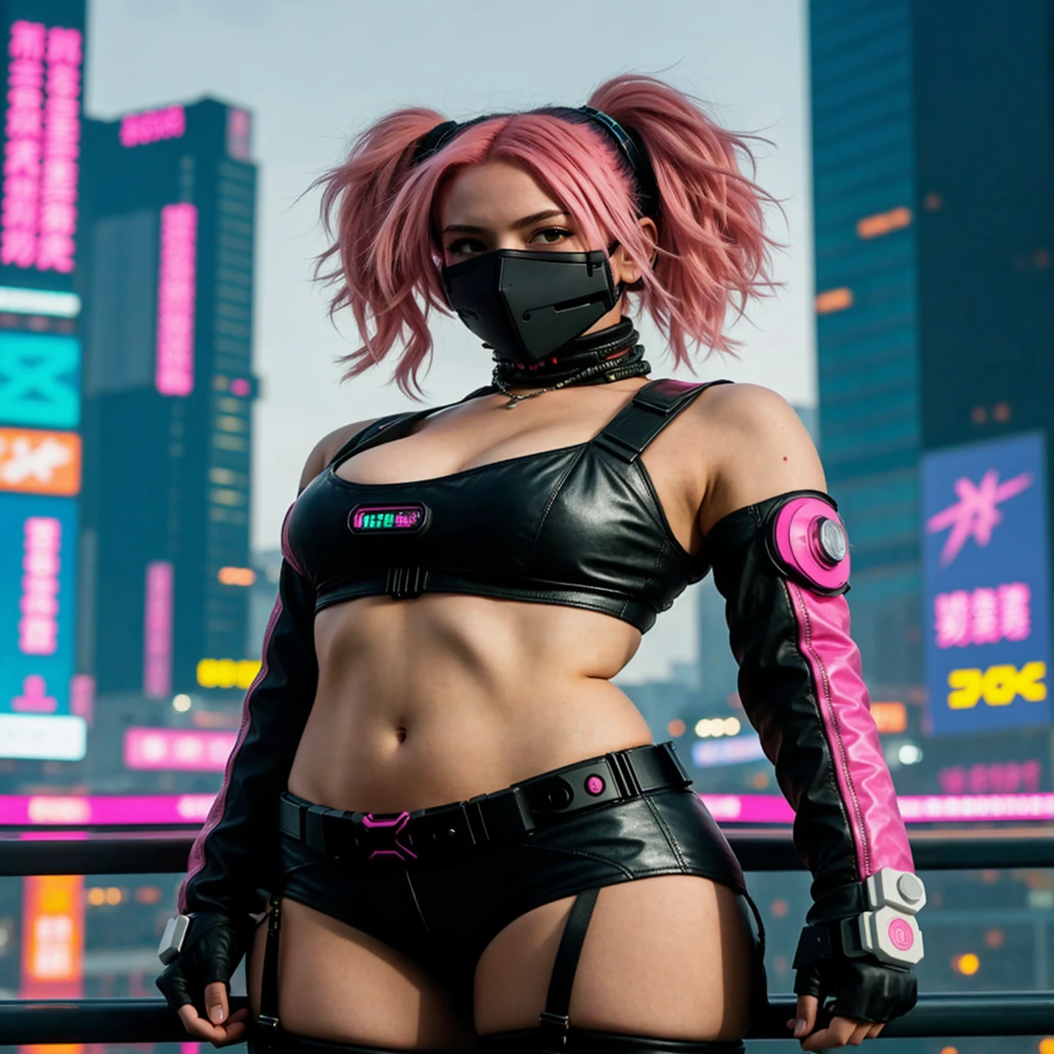 cyberpunk 2d anime girl with pink hair and a hightech mask with sci fi tokyo in the background. image should be 3000 x 3000 pixel album cover format more background