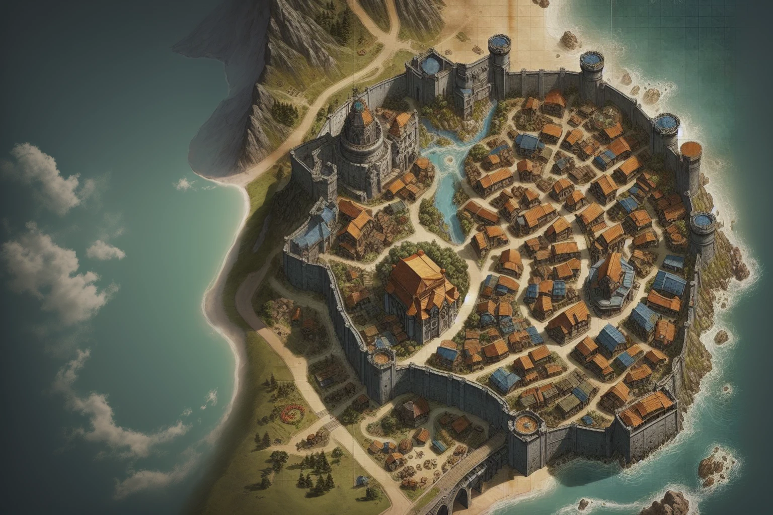 map of a small medieval fantasy town surrounded by a fortress wall, D&D, anime, from above, panorama, super detail, high quality, high details, award winning, best quality, highres, 8k