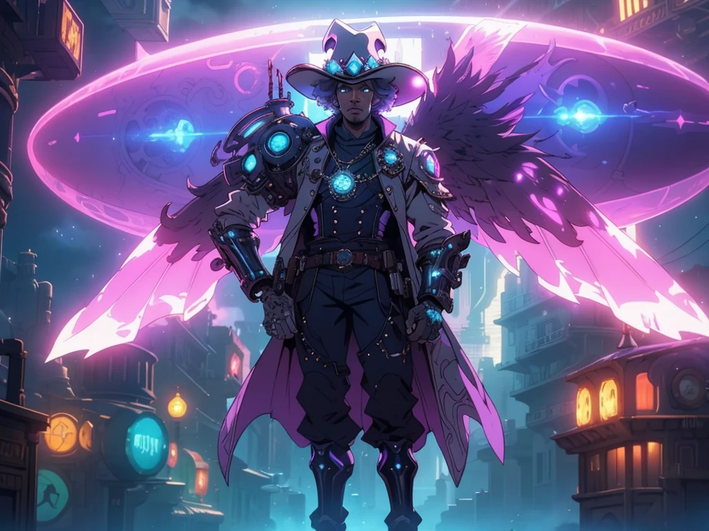Afro man, full body, bright white afro hair with highlights, dark fantasy, steampunk, Cyber Guardian, wearing fine fabric magic costume with worn mechanical parts, neon magic details, stylish and vibrant colors, cowboy hat and pistol with details magicians in neon, with magical and cybernetic aura and magical mechanical wings on their back. Street with deep vanishing point, towering magical airship flying above, its steam-powered engines raising glowing clouds of fog against the dark fantasy sky. The intricate details of the ship's magic gears and rivets will complement the overall scenery. Cinematic scene, wide and deep scenery, with several depth planes, dynamic pose, magical lighting, epic atmosphere.