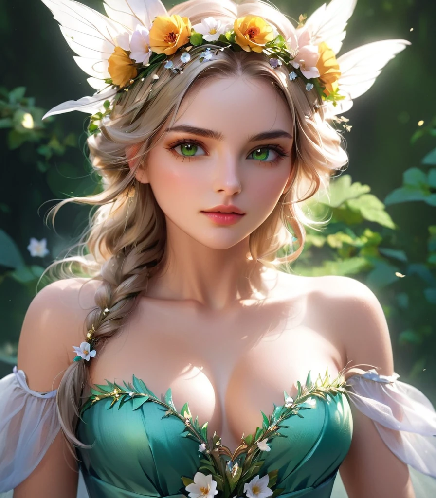A woman in a green dress with a flower crown on her head, beautiful Fantasy Portrait, Digital fantasy art ), beautiful fantasy art portraits, Fantasy art style, Beautiful digital art, Fantasy Portrait, In the style of Urop, deviantart artstation cgscosiety, fantasy art portraits, Beautiful fantasy art, Beautiful fantasy maiden, Realistic Digital Art 4K, Realistic Digital Art 4K