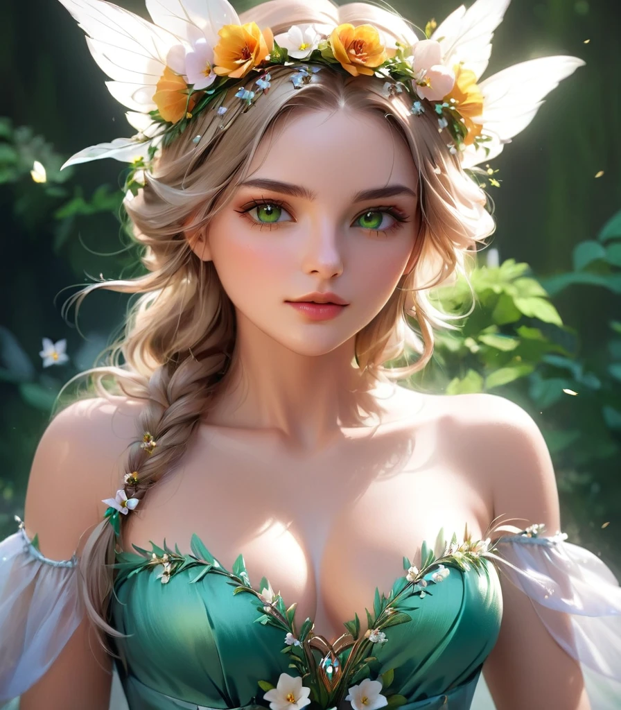 A woman in a green dress with a flower crown on her head, beautiful Fantasy Portrait, Digital fantasy art ), beautiful fantasy art portraits, Fantasy art style, Beautiful digital art, Fantasy Portrait, In the style of Urop, deviantart artstation cgscosiety, fantasy art portraits, Beautiful fantasy art, Beautiful fantasy maiden, Realistic Digital Art 4K, Realistic Digital Art 4K