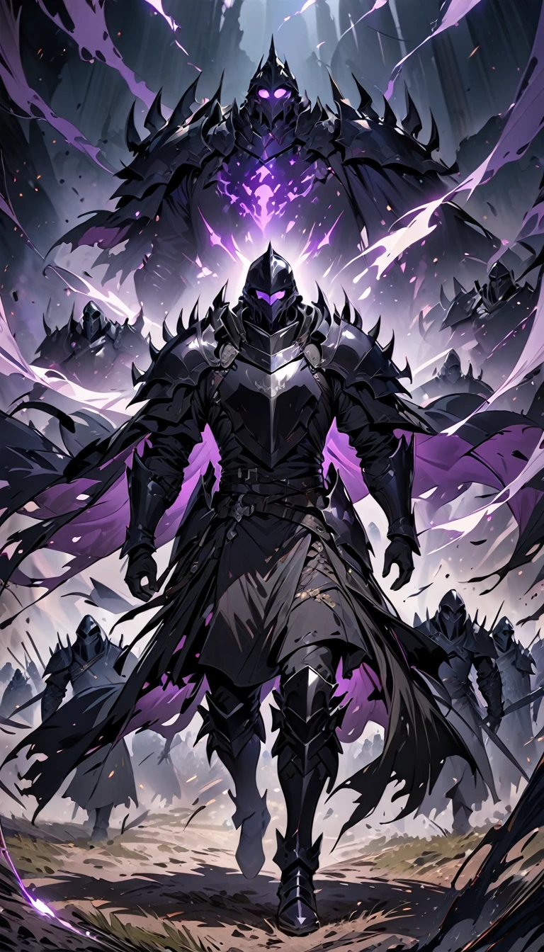 male black shadow ghost knight in a battlefield, shadow, black, knight, ghost knight, full body view, facing front, shadow knight, glowing purple eyes, black smoke, dark, masterpiece, masterpiece lighting, many knights following