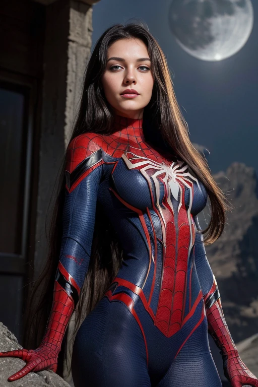 8K, Top Quality, Intricate Details, Ultra Detail, Ultra High Resolution, Masterpiece, random angle, Slender, Smile, (Makeup: 0.4), (Fluffy Blue Eyes: 1.21), blue Eyes, looking at viewer, ((full body)), 1girl, solo, 1 girl, (( full body)), close-up shot, , ((tall)), (((fit body))), (((slim face))), sharp face, sharp eyes, (((black hair, long hair, )) (detailed face), sharp face, small lips,
((spiderman suit)), detailed face, detailed breast, , large breast, detail ass, , Beautiful girl with accentuated slender abs: 1.4, Six Pack Abs: 1.4, Bust Botox, Big, Perfect Body, detail leg, (( moonlight)), top of mountain