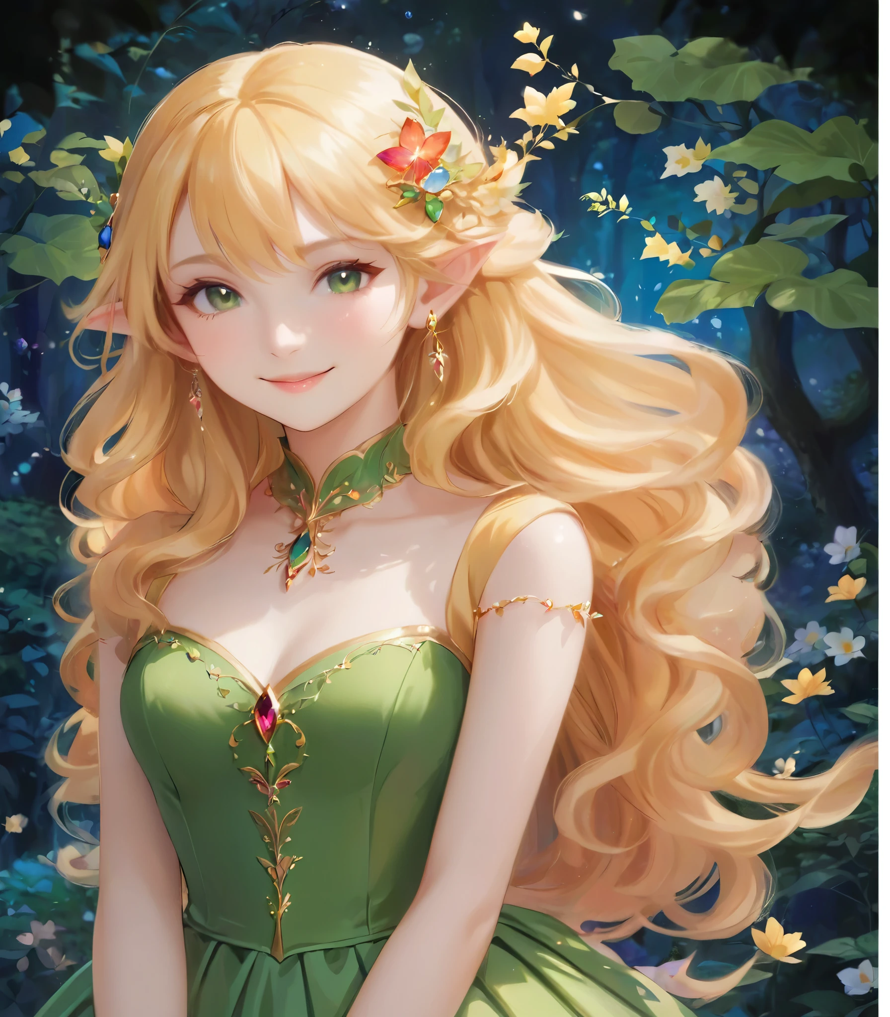 Long blonde hair anime girl in green dress in the garden, Elf Princess, Smiling like a fairy queen, Beautiful and elegant elven queen, Elf Princess, beautiful Elf Princess, Blonde Princess, ! Dream Art Germ, Highly detailed art gems, Beautiful anime portraits, Summer Forest Fairy Queen, Fantasy art style, Portrait of a Princess