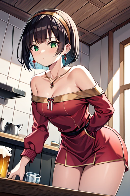 (from below:1.2), (perky chest:1.2), (pointed chest:1.2), 1girl, Bust A Cup, Amazing Cleavage:1.1, thin waist, big ass, Raised cute, small breast: 1.1 posed cleavage:1.2、solo, looking at viewer, have a cute glass of cute beer glass,black hair, dark green eyes, dress, bare shoulders, jewelry, collarbone, side locks, hairband, earrings, indoors, off shoulder, arms behind back, plants, short hair with long locks, gild hairband, off-shoulder dress, sweater dress, off-shoulder sweater, red sweater, dark gold hair, big side hair, very long side hair,is rendered in (masterpiece: 1.2, best quality), with (ultra high resolution) and an exquisite (depth of field). This masterpiece is not only visually stunning but also tells,A scene of cooking in the kitchen