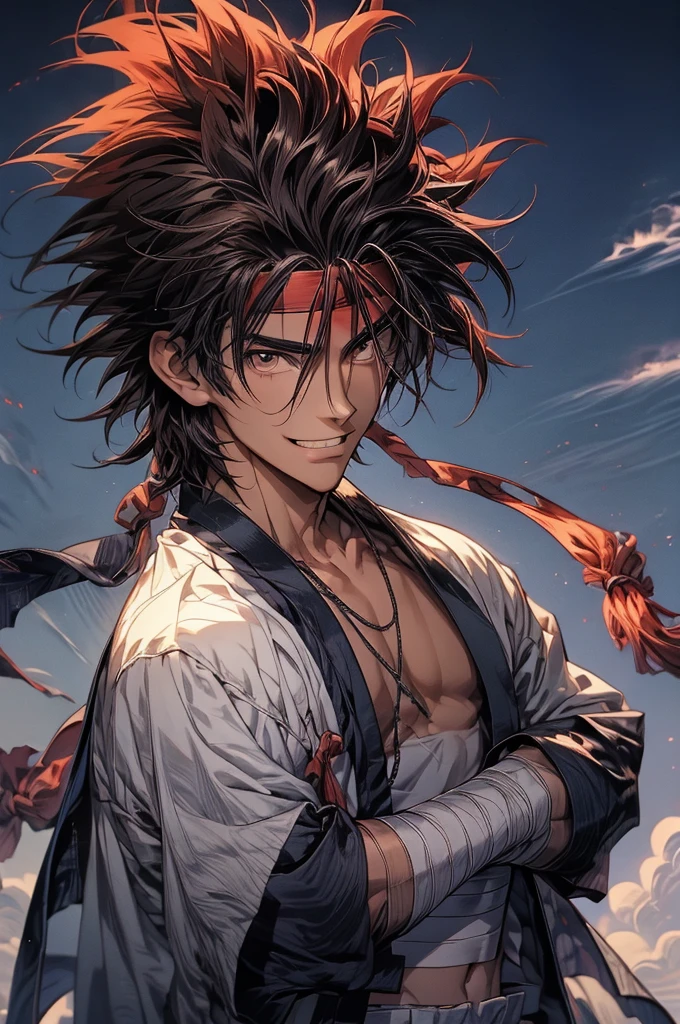 (masterpiece, best quality:1.2), solo, male focus, 1boy, sagara sanosuke, grin, looking at viewer, crossed arms, spiked hair, headband, v-shaped eyebrows, open clothes, japanese clothes, bandages, midriff sarashi