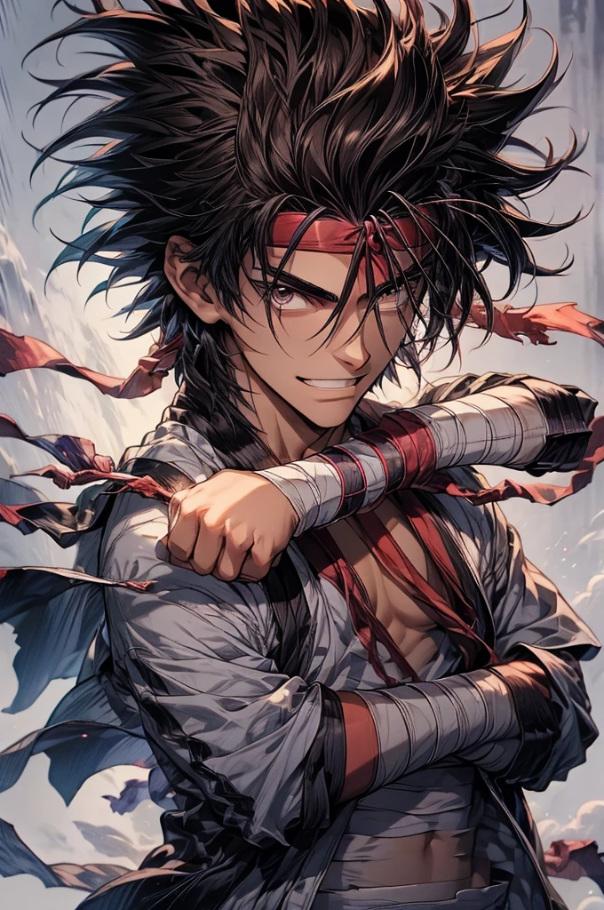 (masterpiece, best quality:1.2), solo, male focus, 1boy, sagara sanosuke, grin, looking at viewer, crossed arms, spiked hair, headband, v-shaped eyebrows, open clothes, japanese clothes, bandages, midriff sarashi