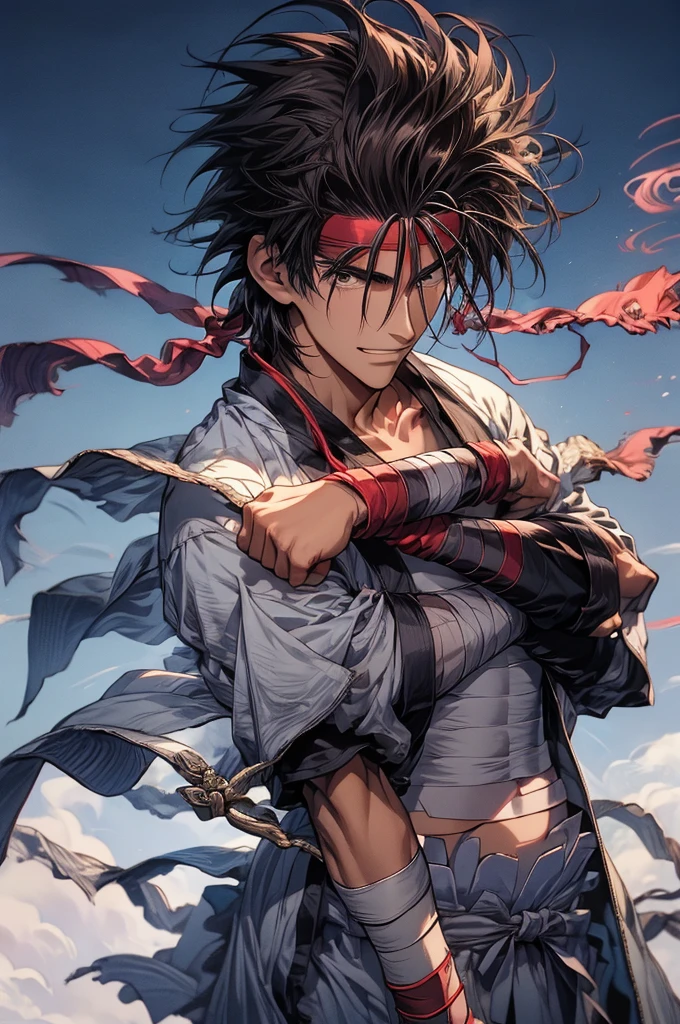 (masterpiece, best quality:1.2), solo, male focus, 1boy, sagara sanosuke, grin, looking at viewer, crossed arms, spiked hair, headband, v-shaped eyebrows, open clothes, japanese clothes, bandages, midriff sarashi