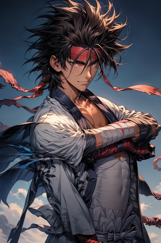 (masterpiece, best quality:1.2), solo, male focus, 1boy, sagara sanosuke, grin, looking at viewer, crossed arms, spiked hair, headband, v-shaped eyebrows, open clothes, japanese clothes, bandages, midriff sarashi