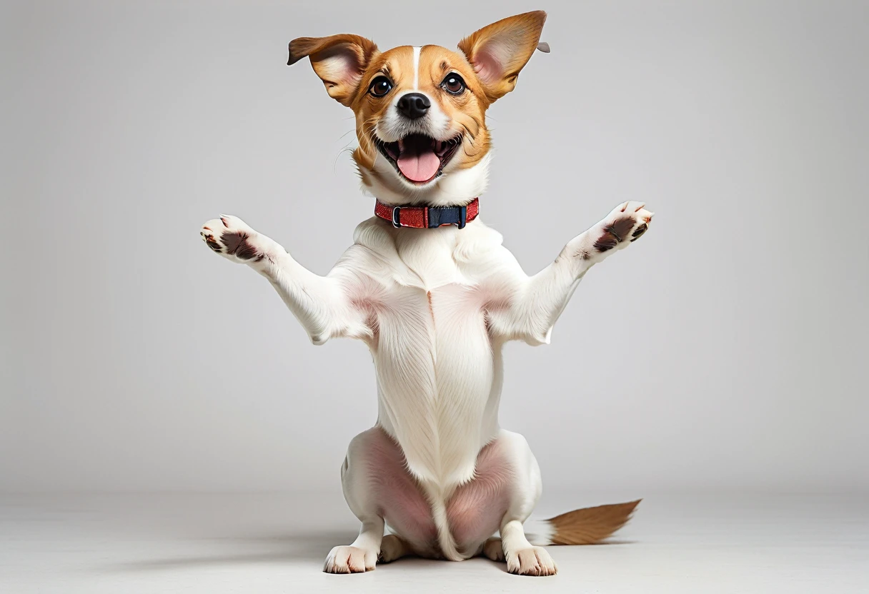Cute dog,Standing on hind legs,With open arms,Highest quality,masterpiece,live-action,No background,White background