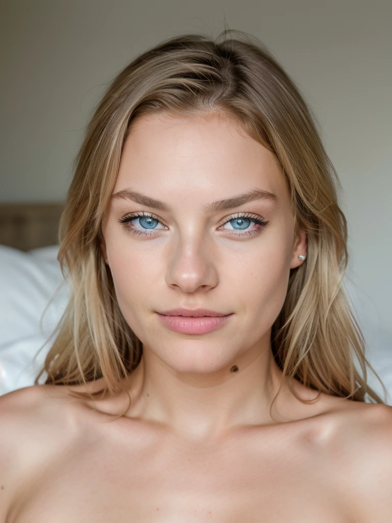 18 year old blonde girl, blue eyes, exciting, topless, on a bed, high resolution, masterpiece, best quality, intricate details, highly detailed, sharp focus, detailed skin, realistic skin texture, texture , detailed eyes, professional, 4K, charming smile, photo with Canon, 85 mm, shallow depth of field, Kodak Color Vision, perfect fit body, extremely detailed, photographed_\(ultra\), photorealistic, realistic, post-processing, details maximum, roughness, real life, ultra realistic, photorealism, photography, 8K UHD, photography.