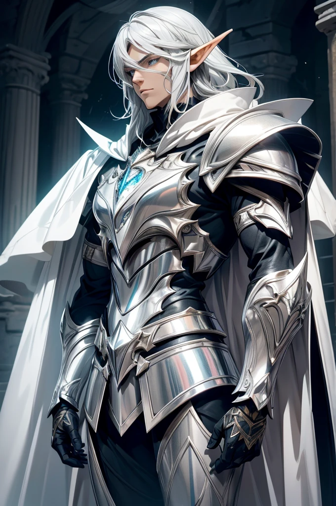 male half elf knight, full body art, silver hair, white skin, topaz iris eye, dark knight full plate adorned armor, silver cape, perfectly detailed.