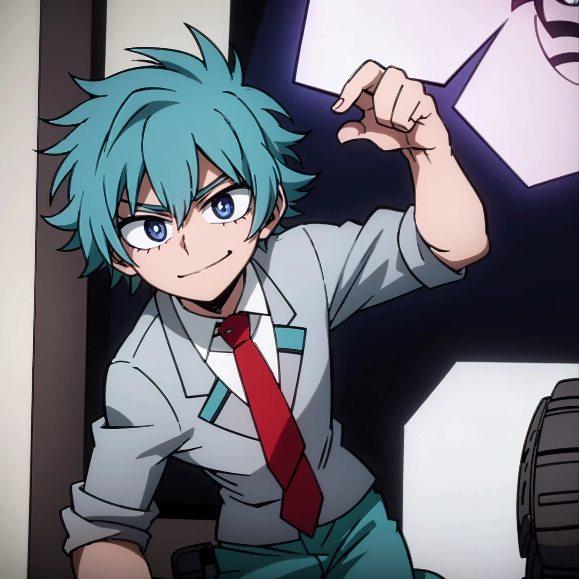 1boy, male focus, solo, muscular body, short hair, messy hair, aquamarine hair, violet eyes, smirk, gray jacket, red tie, white shirt, teal pants, boots