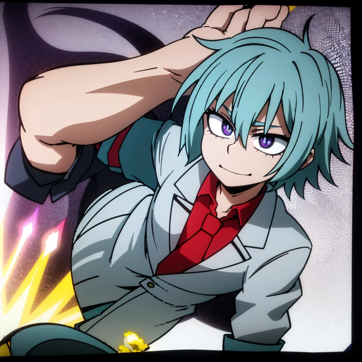 1boy, male focus, solo, muscular body, short hair, messy hair, aquamarine hair, violet eyes, smirk, gray jacket, red tie, white shirt, teal pants, boots