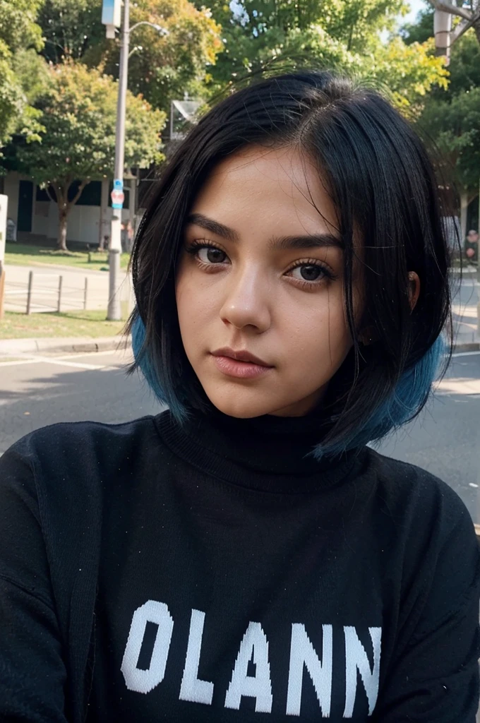 there is a woman with a shirt, short blue hair, isabela moner, short blue fur, short blue fur, with blue fur, color blue, short blue fured woman, pretty girl with blue fur, with short hair, blue furstyle, blue sweater, White skin, clear skin, blue toned hair, blue furs, blue fur, She has a pretty face, girl of 20, mexican traits, boy hair, black hair, Frizzy hair, mexican, blue tips, bob cut, bob hairstyle, selfie, midbody, torso only, no legs, no legs, autophoto, only face, aesthetic, short hair, Zoom, Zoom facial, short hair, blue hair, auto autophoto, Looking up, camera from above, Angle up, low angle arm, blue hair, autophoto, tousled hair, Zoom face, Zoom al rostro, face close, near the camera, no torso, only face, selfie, selfie pose, selfie pose, photo for icon, profile picture, photo for instagram, chubby girl, Zoom, facial Zoom, close up, she holds the pov, Zoom body, Zoom al cuerpo, holding the camera, but about, foto tomada close up, big breasts, big boobs, black sweatshirt, black sweater, black sweater, black clothes, black outfit, natural light, illuminated, fluffy hair, looking straight ahead, close to the camera, blue sky, sudadera con hood, hood, on the street, in the park, trees, black facemask, black face mask, black mask, black rpa, black clothes, black outfit, black,