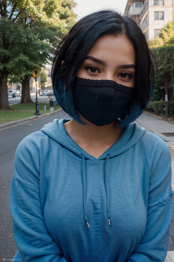 there is a woman with a shirt, short blue hair, isabela moner, short blue fur, short blue fur, with blue fur, color blue, short blue fured woman, pretty girl with blue fur, with short hair, blue furstyle, blue sweater, White skin, clear skin, blue toned hair, blue furs, blue fur, She has a pretty face, girl of 20, mexican traits, boy hair, black hair, Frizzy hair, mexican, blue tips, bob cut, bob hairstyle, selfie, midbody, torso only, no legs, no legs, autophoto, only face, aesthetic, short hair, Zoom, Zoom facial, short hair, blue hair, auto autophoto, Looking up, camera from above, Angle up, low angle arm, blue hair, autophoto, tousled hair, Zoom face, Zoom al rostro, face close, near the camera, no torso, only face, selfie, selfie pose, selfie pose, photo for icon, profile picture, photo for instagram, chubby girl, Zoom, facial Zoom, close up, she holds the pov, Zoom body, Zoom al cuerpo, holding the camera, but about, foto tomada close up, big breasts, big boobs, black sweatshirt, black sweater, black sweater, black clothes, black outfit, natural light, illuminated, fluffy hair, looking straight ahead, close to the camera, blue sky, sudadera con hood, hood, on the street, in the park, trees, black facemask, black face mask, black mask, black rpa, black clothes, black outfit, black,