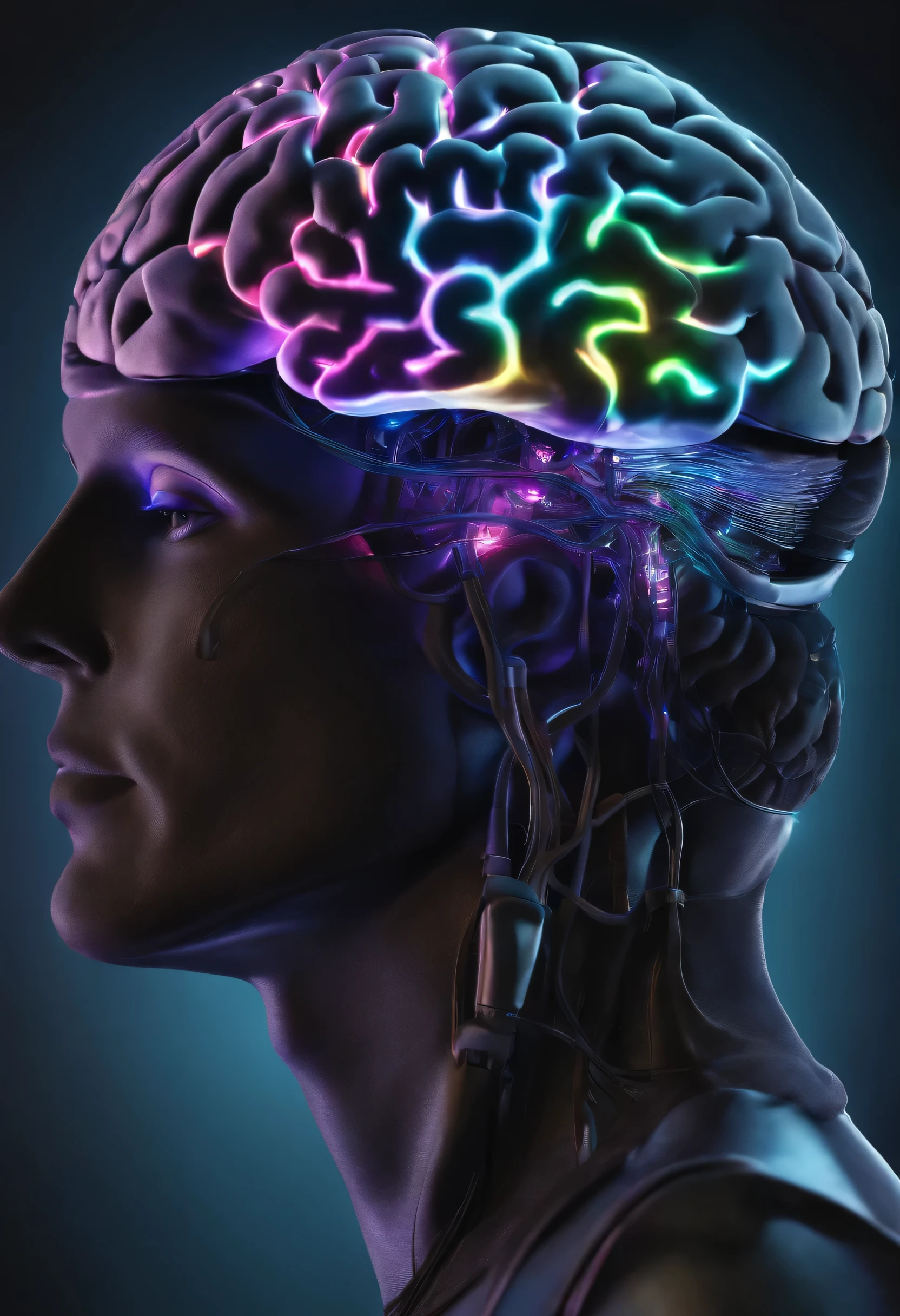 Highly detailed brain, Electronic medium with neon and real gray half