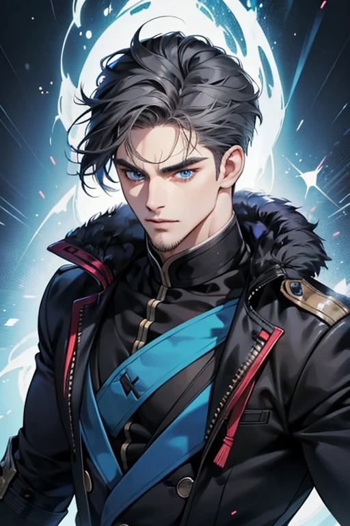 a 30 year old man, 2 day beard, handsome anime, portraits, strong, masculine, dark grey hair, sharp jawline, mesmerizing blue eyes, perfectly styled hair, cool anime outfit, confident expression, vibrant colors, dynamic lighting