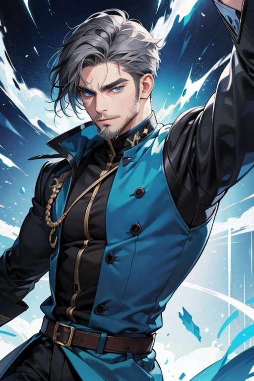a 30 year old man, 2 day beard, handsome anime, portraits, strong, masculine, dark grey hair, sharp jawline, mesmerizing blue eyes, perfectly styled hair, cool anime outfit, confident expression, vibrant colors, dynamic lighting