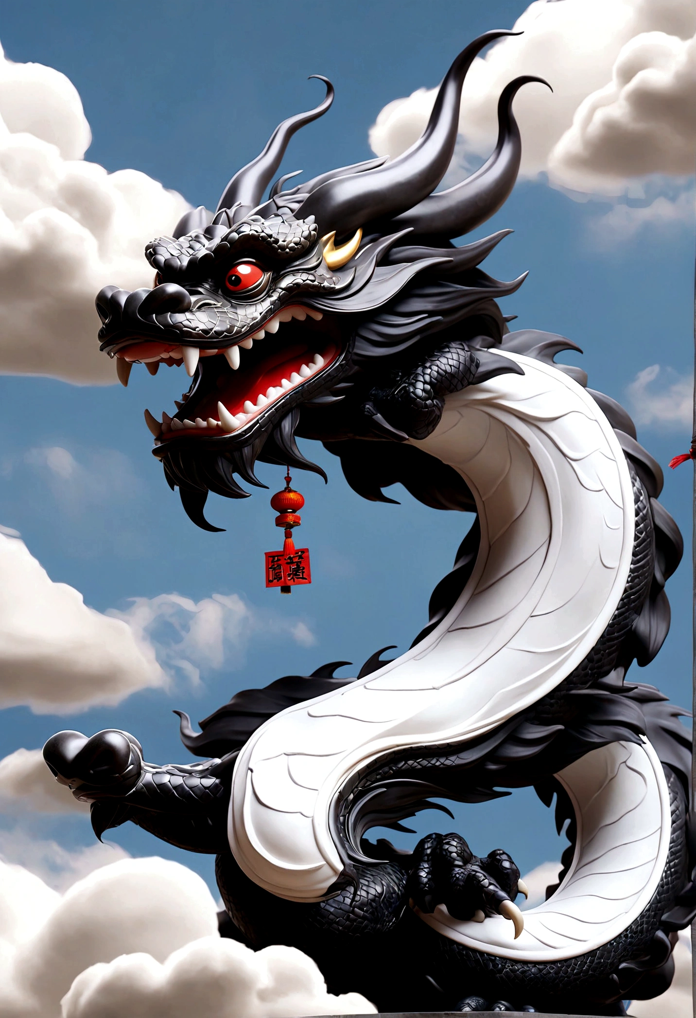 flag、masterpiece、(White background:1)、Black Chinese dragon surrounded by white clouds、god繰り返し繰り返し降臨、Wind、god々、Because it's long and wavy、The dazzling sun