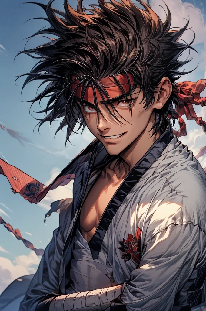 (masterpiece, best quality:1.2), solo, male focus, 1boy, sagara sanosuke, grin, looking at viewer, crossed arms, spiked hair, headband, v-shaped eyebrows, open clothes, japanese clothes, bandages, midriff sarashi