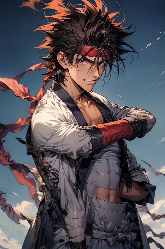 (masterpiece, best quality:1.2), solo, male focus, 1boy, sagara sanosuke, grin, looking at viewer, crossed arms, spiked hair, headband, v-shaped eyebrows, open clothes, japanese clothes, bandages, midriff sarashi