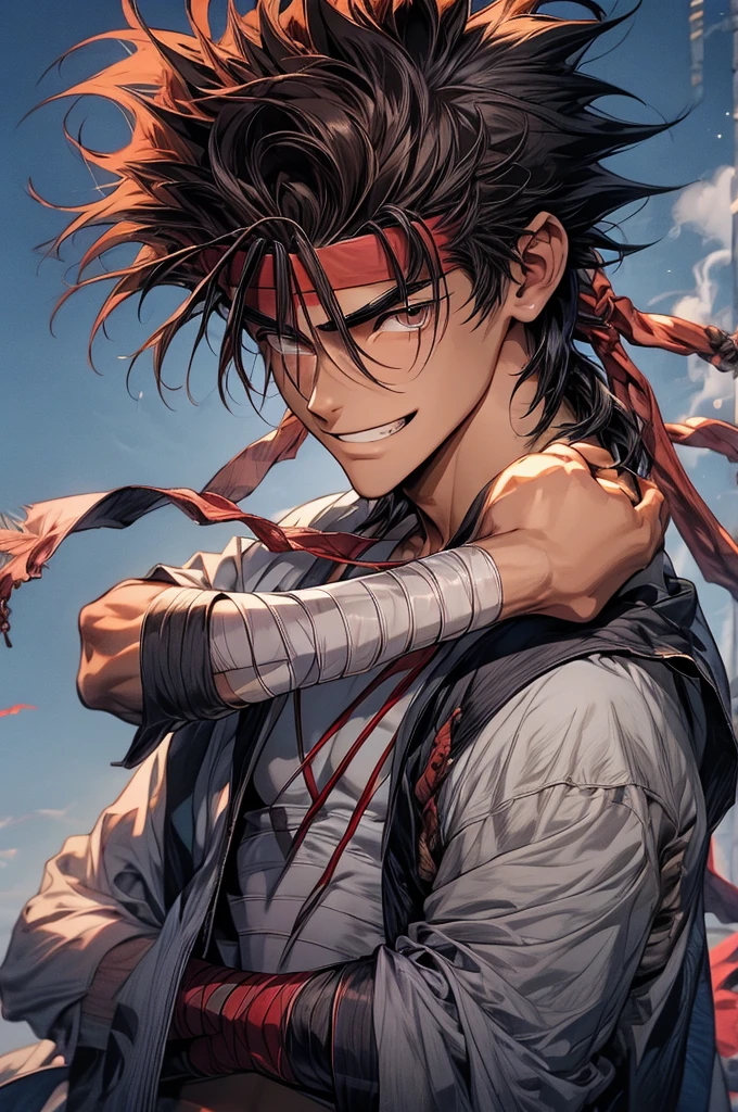 (masterpiece, best quality:1.2), solo, male focus, 1boy, sagara sanosuke, grin, looking at viewer, crossed arms, spiked hair, headband, v-shaped eyebrows, open clothes, japanese clothes, bandages, midriff sarashi