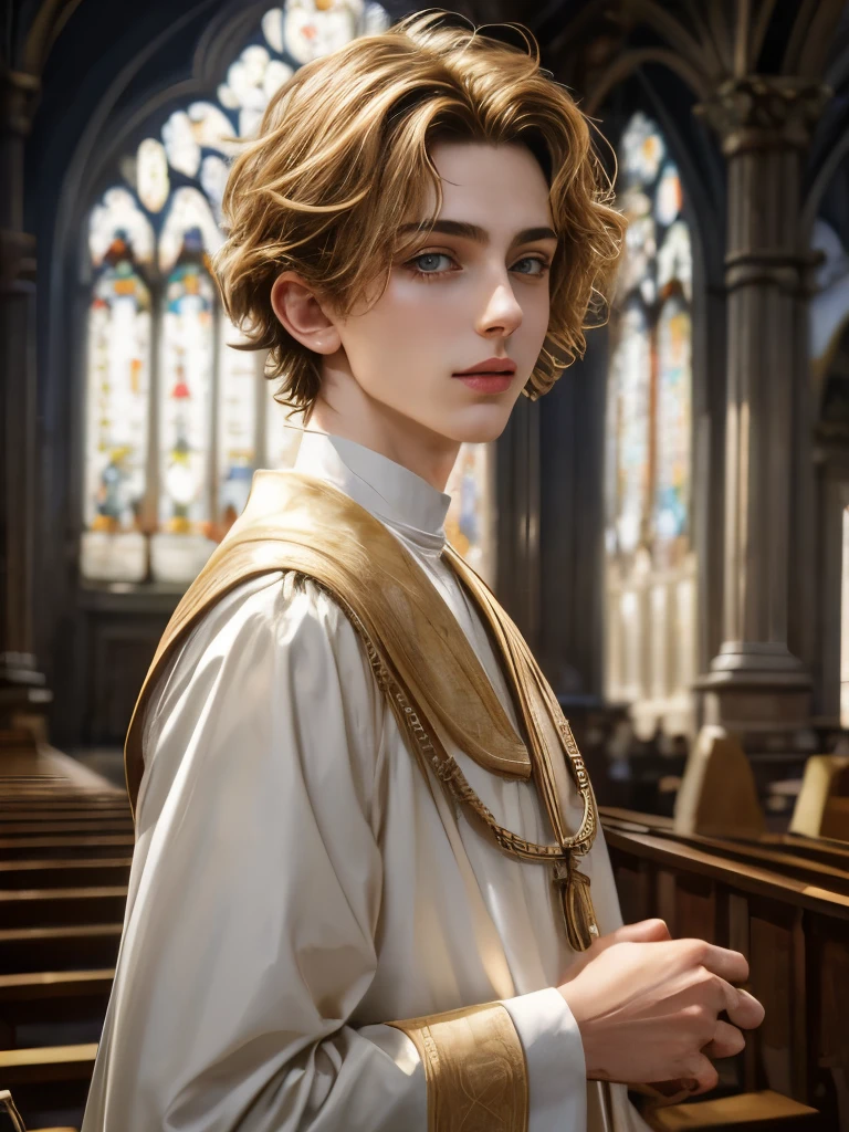 blond short hair , androgynous women ((Timothee Chalamet)), smooth smile, 19-year-old, Catholic church priest, catolic priest robes, clean and simple minimalist church  High detail RAW colored art, intricate details, fine details, hyperdetailed, ray tracing, subsurface scattering, diffuse soft lighting, Intricate, High Detail, Sharp focus, dramatic and photorealistic painting art by midjourney, bokeh in the background, best quality, masterpiece, halfbody portrait, bright anbient, look at the viewer