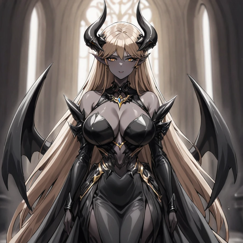 ((Highest quality)), ((masterpiece)), (detailed), （Perfect Face）、The woman is a sexy devil with jet black skin、The woman is a jet-black female demon with magnificent devil horns, jet-black devil wings, and a jet-black tail. Her skin is jet-black, and she is wearing a luxurious and elegant decorated voluminous black gothic dress befitting a great demon queen. She is the jet-black demon Princess Leona, with medium-long light brown hair, and is a demon in both body and mind.、The woman is the wife of a dignified and powerful demon king, her beloved husband.