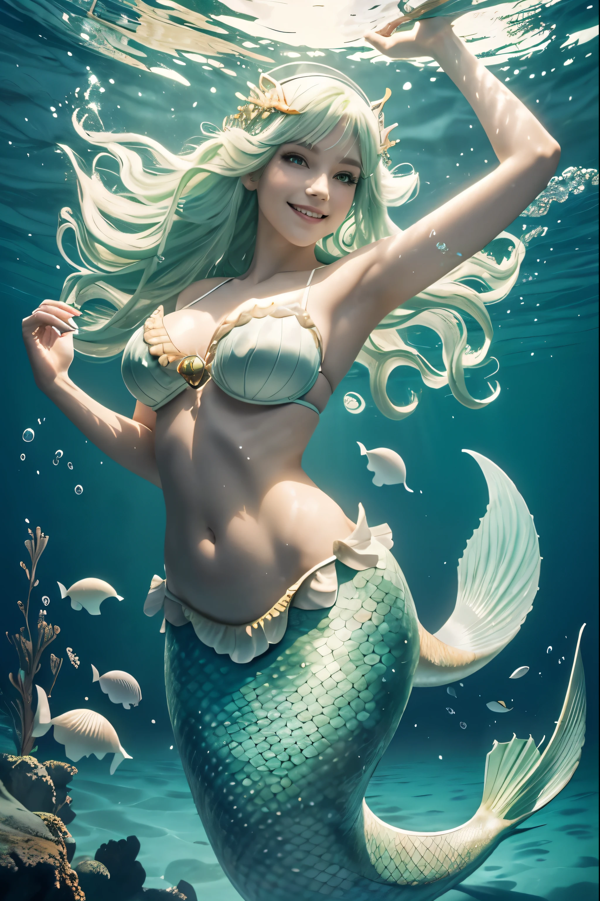 Woman, White Hair, Light Green Hair, (White and Green Hair), Long Hair, Orange Eyes, ((sexy mermaid in the ocean)), smiling, (swimming underwater), crown, sea, ocean, seashell bra, mermaid tail, mermaid fin, large breasts, wide hips, mermaid, shell bikini, shell bra