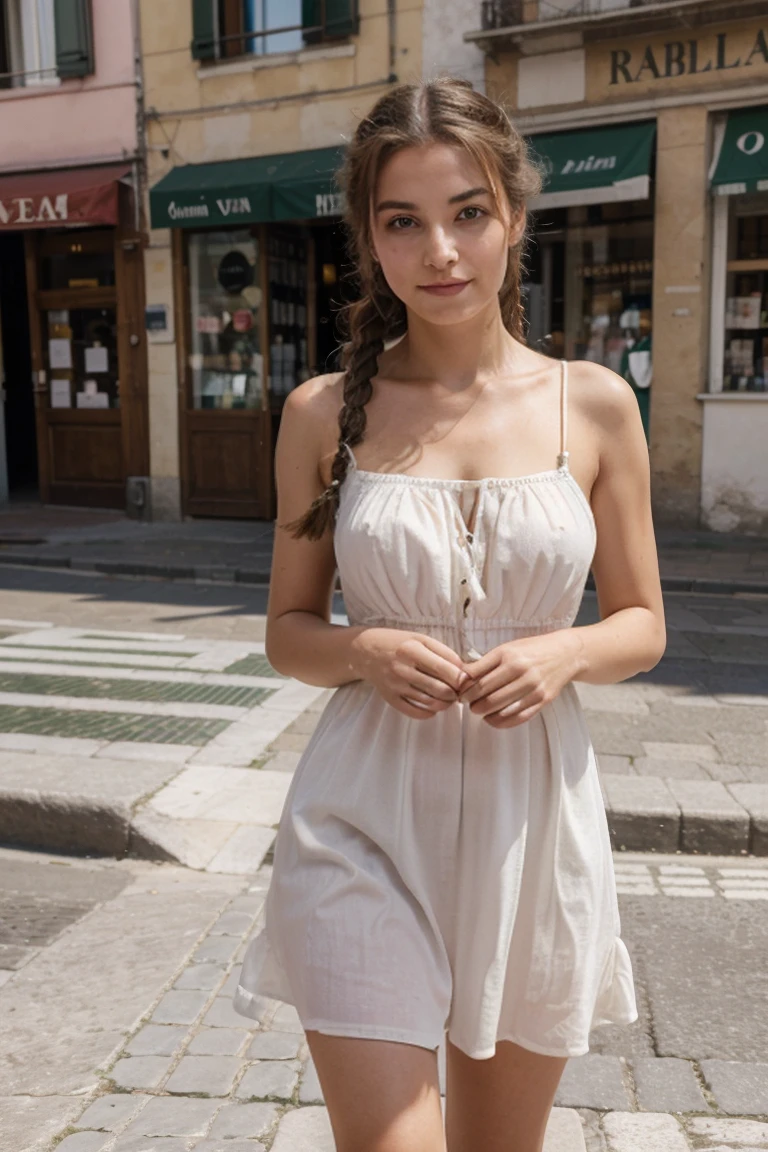 Italian girl, 20 years, innocent, Beautiful, fabulous, One, 1 girl, real, dimple on the cheek, very high resolution, Sea, 16K, the body is amazing, walks around the city, beautiful short summer dress, braids