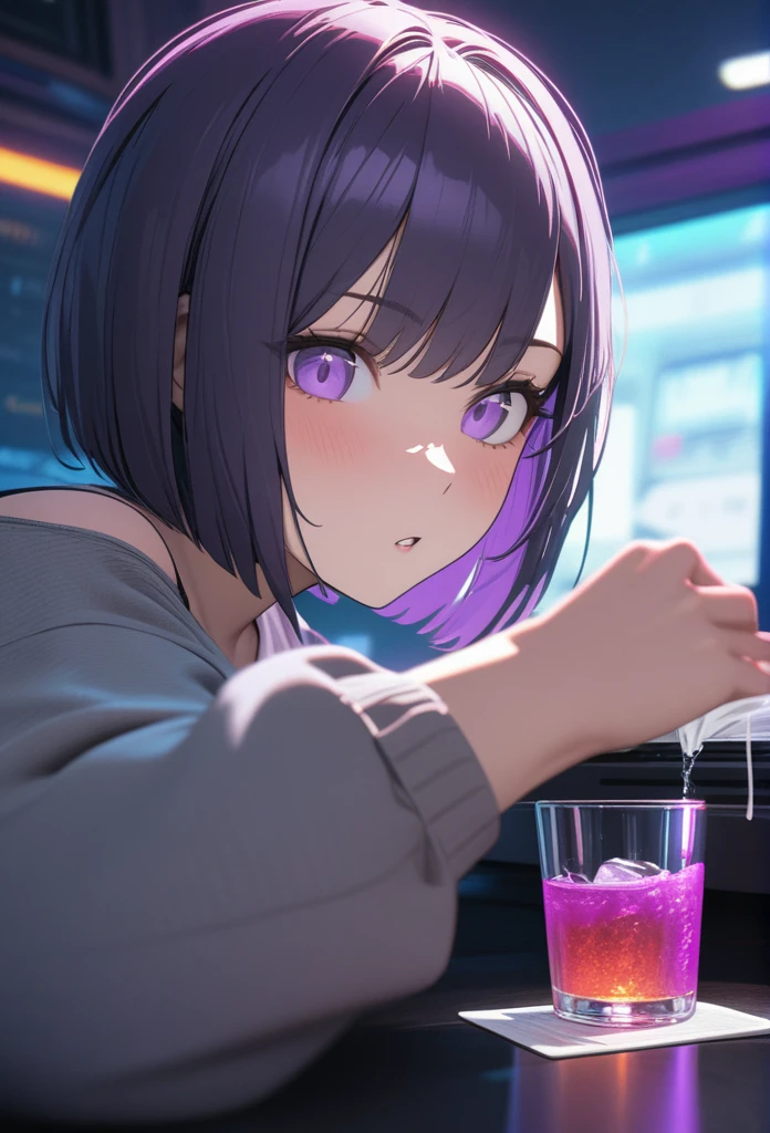 Adult Female, Black purple hair, slanted bob haircut, apathetic, perfect purple eyes, expressive eyes, cyberpunk bar, highly detailed, high quality, perfect quality, 8k, cleaning a drinking glass, solid black pupils