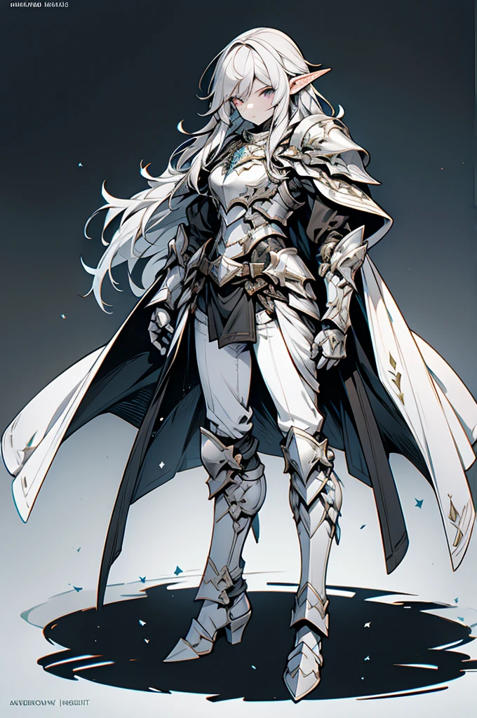 male half elf knight, full body art, silver hair, white skin, topaz iris eye, dark knight full plate adorned armor, silver cape, perfectly detailed.